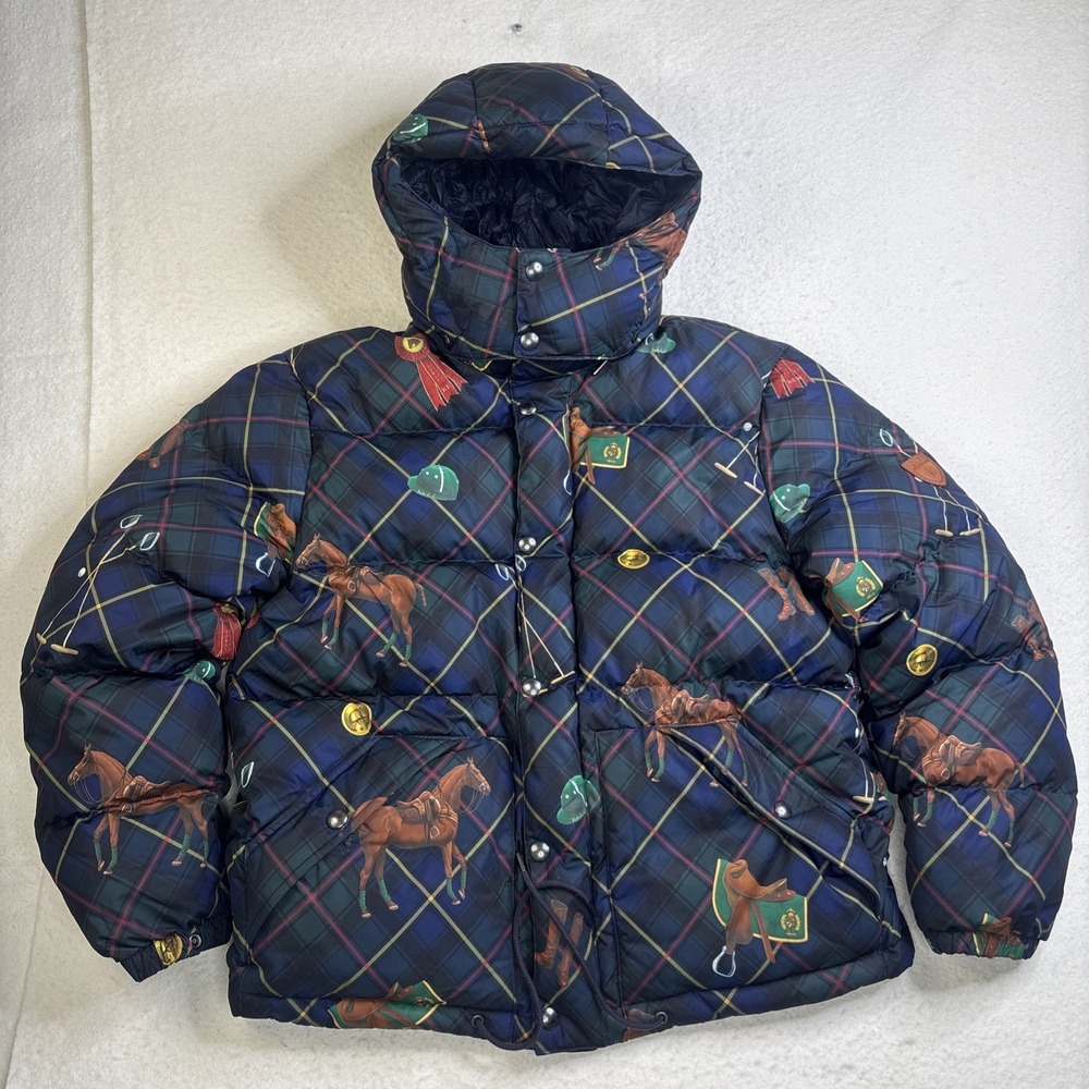 Polo Ralph Lauren Equestrian Horse AOP Puffer Jacket Down Filled Tartan Plaid L